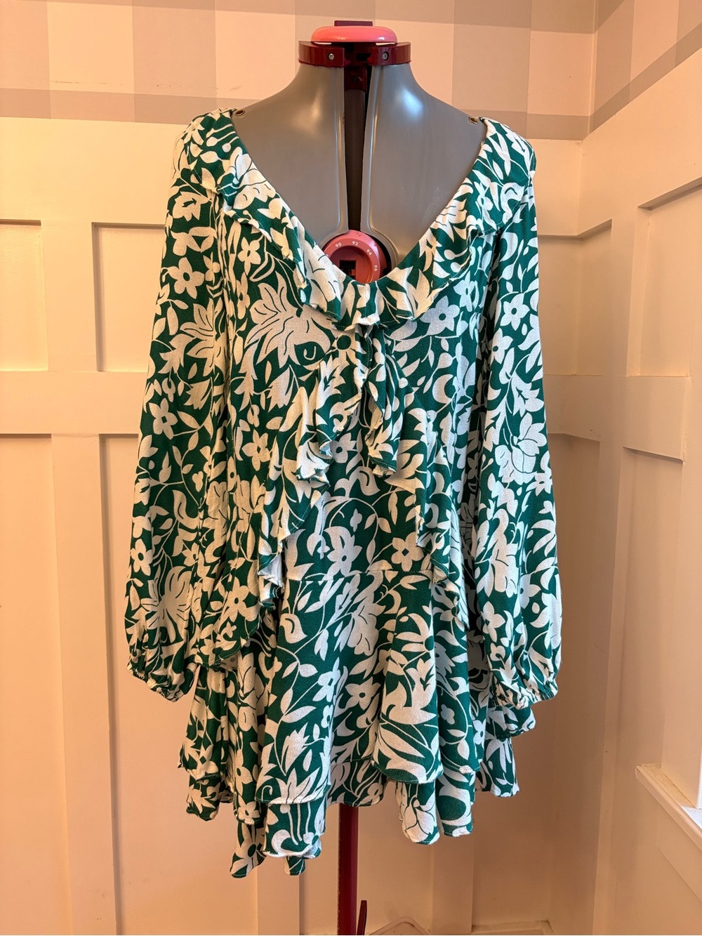 Free People Green & White Floral Tiered V-Neck Mini Dress XS - Picture 6 of 11